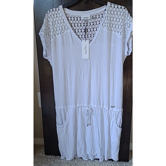Calvin Klein Crochet-Shoulder Tunic Cover Up Color White Size L/XL NWT - Picture 4 of 5